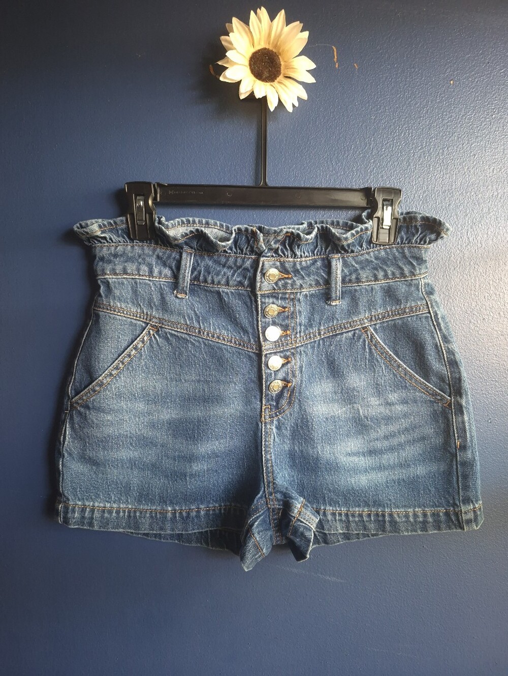 High-Rise Ruffle Waist Denim Shorts - Blue